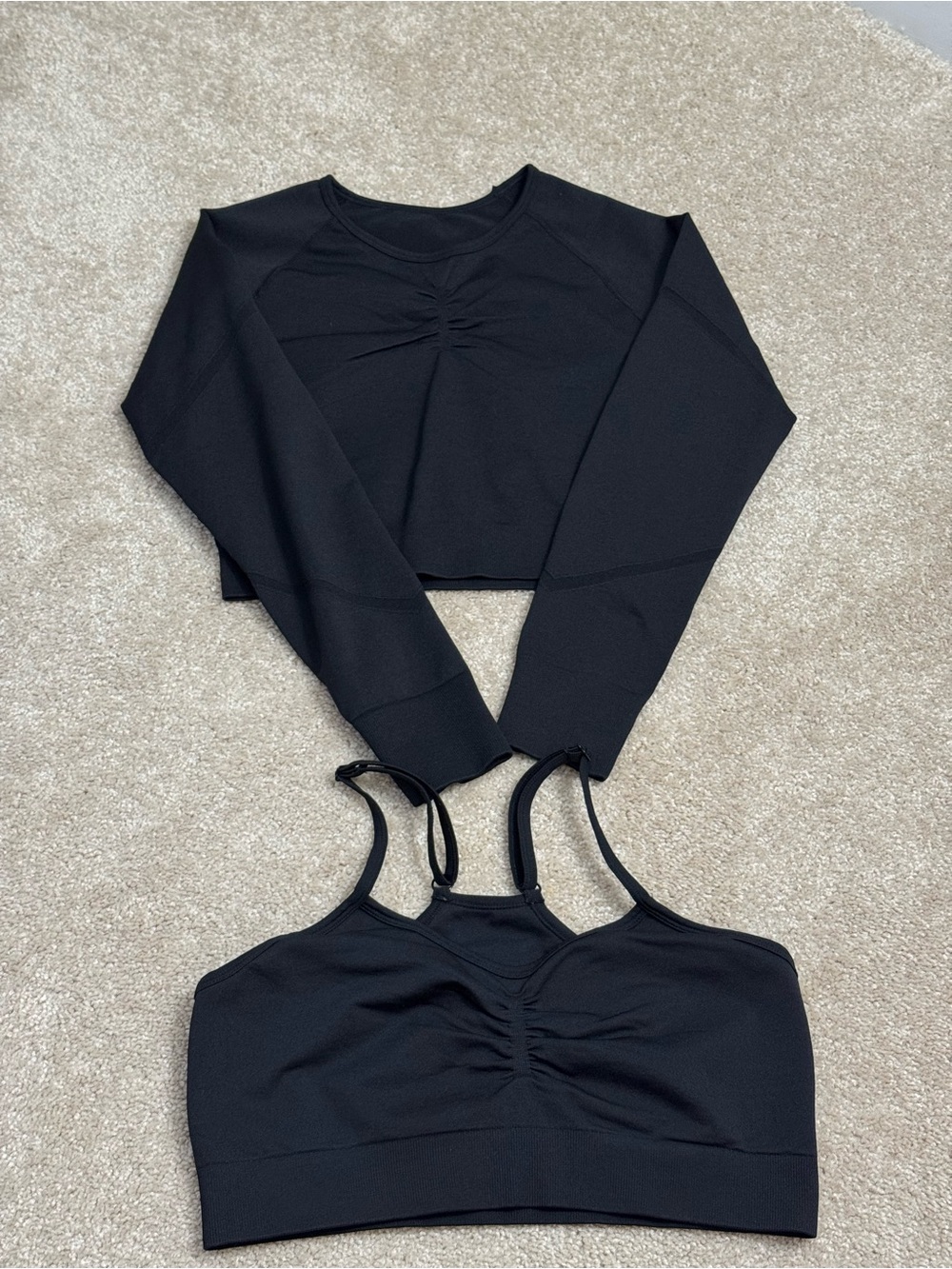 Sport Long Sleeve Crop Top & Black Ruched Bralette Set